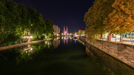 Alsatian architecture Reflection at night in Strasbourg in France