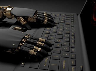 Robot hands, laptop with human image, evolution, blue background - 368474603