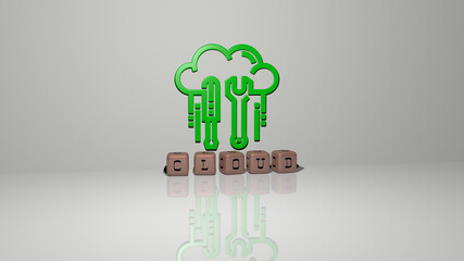 3D illustration of cloud graphics and text made by metallic dice letters for the related meanings of the concept and presentations. background and blue