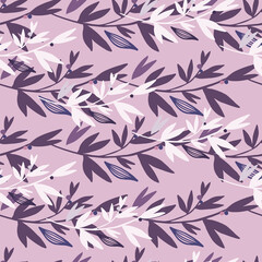 Random located white and purple floral branches on lilac background.