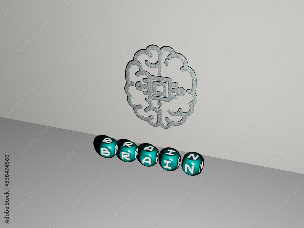 Poster 3d graphical image of brain vertically along with text built by metallic cubic letters from the top 