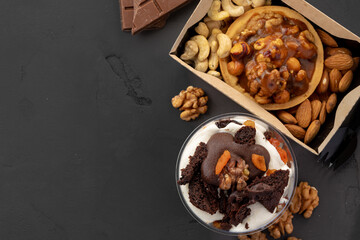 Sweet dessert with chocolate and close up