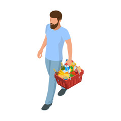 Man with grocery basket cart from supermarket on white isolated background. Isometric shopping market basket with variety of grocery products