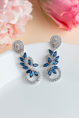 Close up of diamond earrings. space for your text.