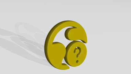 earth question stand with shadow. 3D illustration of metallic sculpture over a white background with mild texture. concept and blue