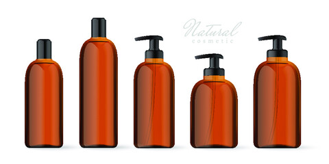 Realistic brown cosmetic bottles set on white background. Cosmetic containers and tubes for cream, shampoo, gel, balsam, conditioner, soap, ointment, toothpaste, lotion etc. Vector Illustration