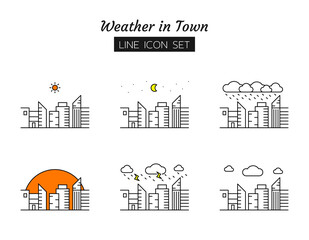 line icon symbol set, weather in town concept, office buildings view landscape, daytime, sun, night, moon, rain, cloud, forecast, Isolated flat outline vector design