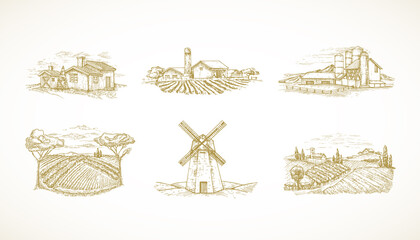 Hand Drawn Landscapes Vector Illustrations Collection Set. Farms, Windmill, Cabins, Barns and other Rural Buildings Sketches Set. Fields and Houses Doodles Bundle. © createvil