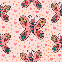 Colorful seamless pattern with cartoon doodle butterfly in childlike style. Wrapping paper, background. Vector illustration.   