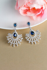Close up of diamond earrings. space for your text.