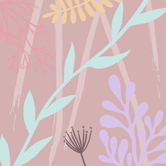 square floral vector background. Leaves, stripes, flowers imitating hand drawn sketch in pastel colors