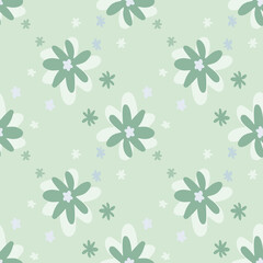 Obraz premium Daisy flowers seamless naivy doodle pattern. Pastel light turquoise background with dots.