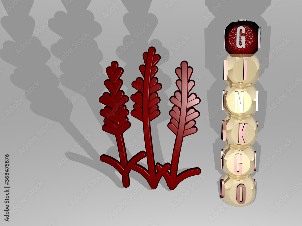 Poster 3d representation of ginkgo with icon on the wall and text arranged by metallic cubic letters on a m