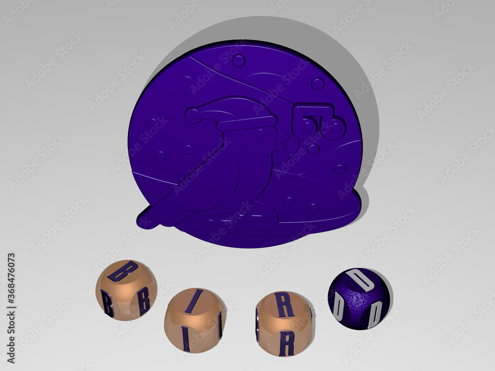 Poster 3d graphical image of bird vertically along with text built around the icon by metallic cubic letter