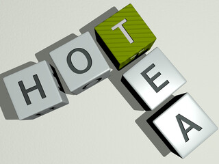 combination of hot tea built by cubic letters from the top perspective, excellent for the concept presentation. background and illustration