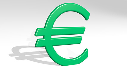 EURO SIGN made by 3D illustration of a shiny metallic sculpture with the shadow on light background. business and currency