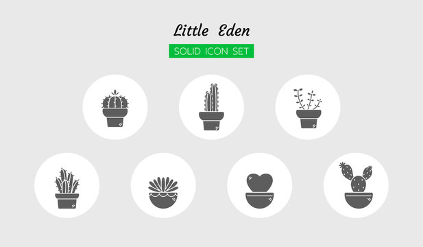 solid icon symbol set, growth little cactus plant, succulent, pot, Isolated flat outline vector design