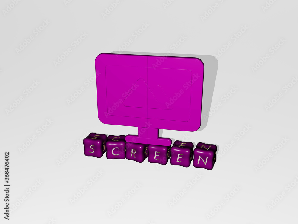 Poster 3d graphical image of screen vertically along with text built by metallic cubic letters from the top