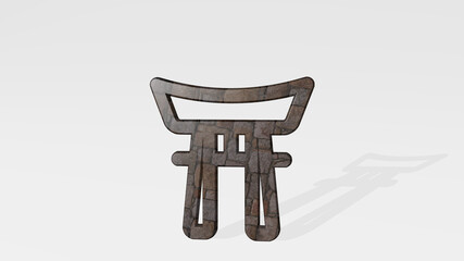 LANDMARK JAPAN SHRINE made by 3D illustration of a shiny metallic sculpture casting shadow on light background. architecture and city