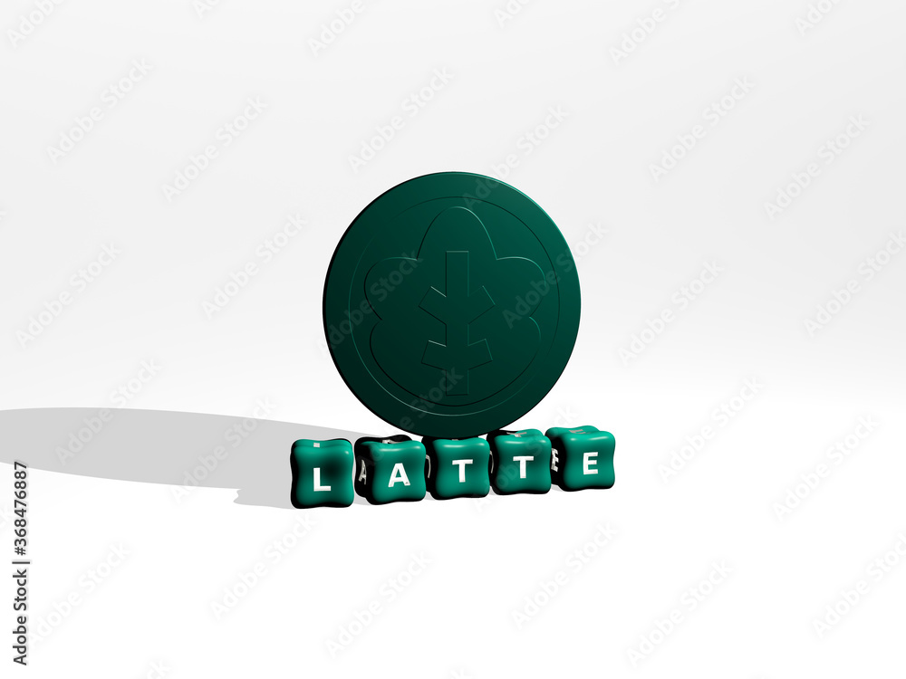 Poster 3d graphical image of latte vertically along with text built by metallic cubic letters from the top 
