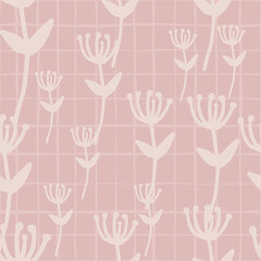 Seamless naive pattern with light pink pale background with check. Random flowers ornament.