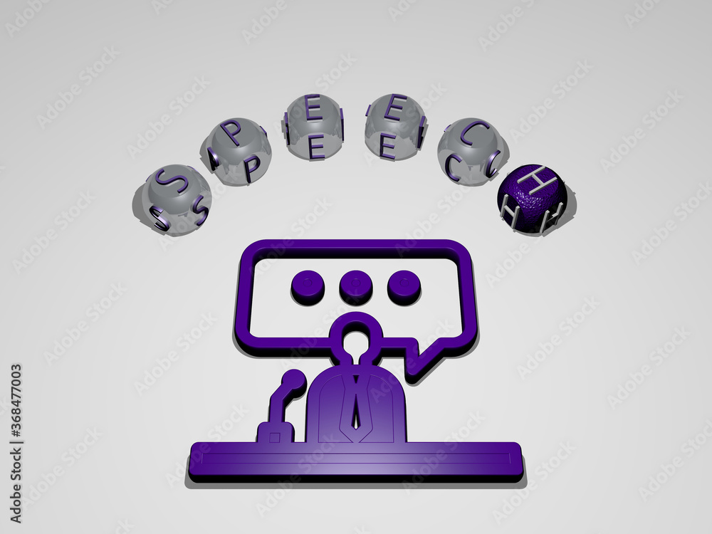 Poster 3D representation of SPEECH with icon on the wall and text arranged by metallic cubic letters on a mirror floor for concept meaning and slideshow presentation. illustration and bubble