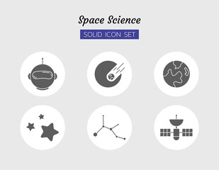 solid icon symbol set, space science, planet, earth, cornet, astronaut, star, constellation, satellite, orbit, galaxy, Isolated flat vector design