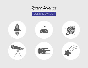 solid icon symbol set, space science, planet, rocket, moon, telescope, cornet, meteor, Isolated flat vector design