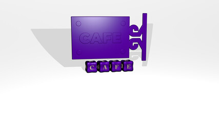 3D illustration of CAFE graphics and text made by metallic dice letters for the related meanings of the concept and presentations. coffee and background