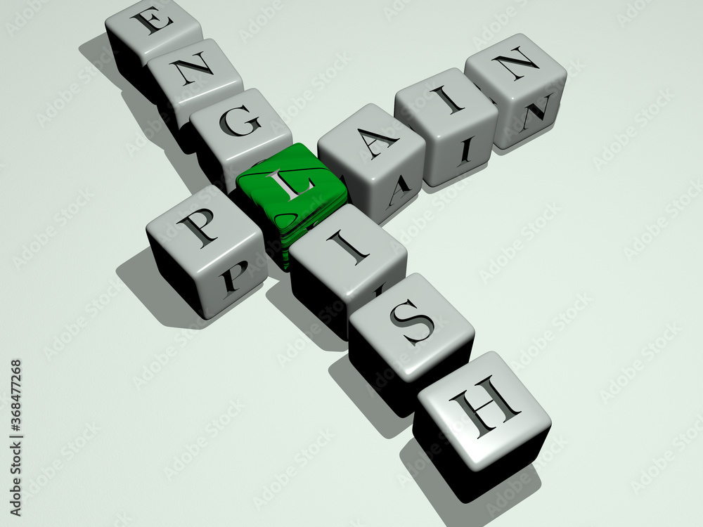 Poster plain english combined by dice letters and color crossing for the related meanings of the concept. b