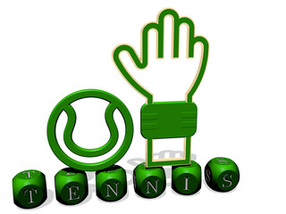 3D graphical image of TENNIS vertically along with text built by metallic cubic letters from the top perspective, excellent for the concept presentation and slideshows. ball and illustration