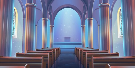 Cathedral Church view inside. Interior of Catholic Church. Cartoon vector illustration