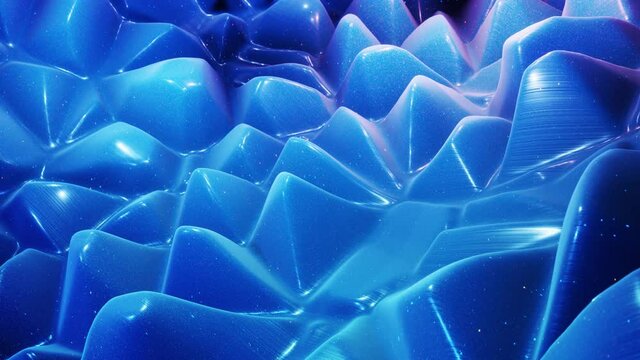 fantastical festive blue bg. Stylish abstract looped background, waves move on glossy surface like landscape made of liquid blue wax with sparkles. Beautiful soft background with smooth animation 4k
