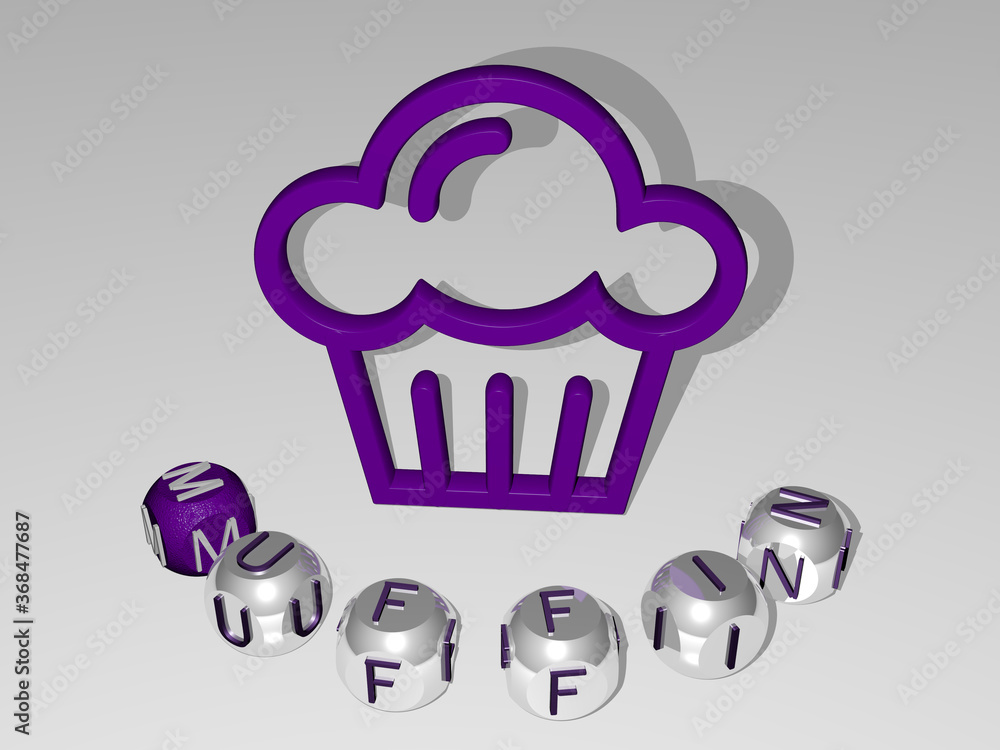 Poster 3D representation of MUFFIN with icon on the wall and text arranged by metallic cubic letters on a mirror floor for concept meaning and slideshow presentation. cake and background