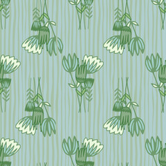 Flowers abstract bouquet seamless pattern. Pastel green botanic ornament on background with blue strips.