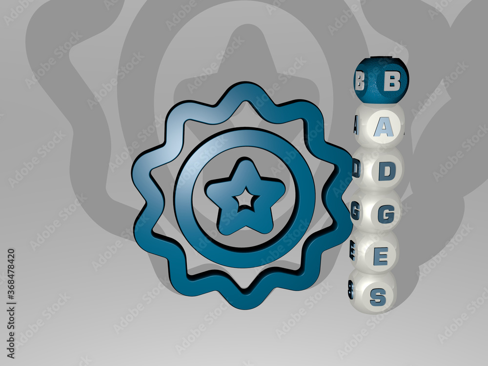 Poster 3d representation of badges with icon on the wall and text arranged by metallic cubic letters on a m
