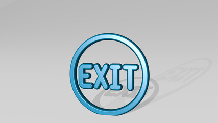 EXIT from a perspective with the shadow. A thick sculpture made of metallic materials of 3D rendering. illustration and background