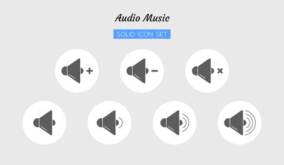 solid icon symbol set, audio sound volume level control buttons loudspeaker, digital multimedia, Isolated flat vector design