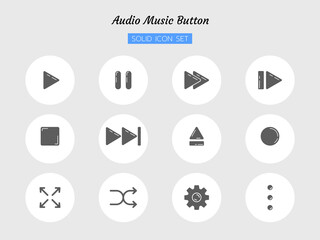 solid icon symbol set, audio video music control buttons digital multimedia, play, pause, stop and more, Isolated flat vector design