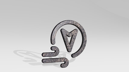 WIND SOUTH made by 3D illustration of a shiny metallic sculpture casting shadow on light background. flag and waving