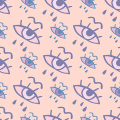 Seamless pattern with doodle eyes print. Pastel palette in yellow and blue colors.