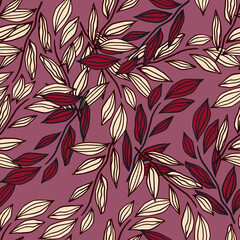 Leaves outline shapes naive seamless pattern. Lilac background with ligh pink and red tones foliage elements.