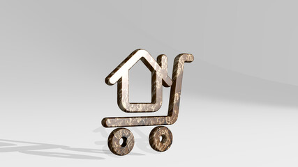 project home shopping casting shadow from a perspective. A thick sculpture made of metallic materials of 3D rendering. business and illustration