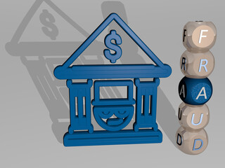 3D illustration of FRAUD graphics and text around the icon made by metallic dice letters for the related meanings of the concept and presentations. computer and crime