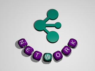 3D illustration of NETWORK graphics and text around the icon made by metallic dice letters for the related meanings of the concept and presentations. background and business