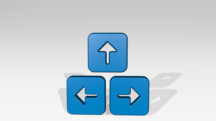 KEYBOARD BUTTON DIRECTION from a perspective with the shadow. A thick sculpture made of metallic materials of 3D rendering. computer and business