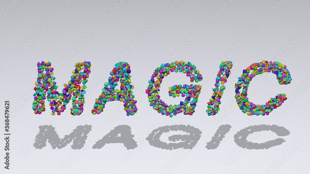 Poster magic: 3d illustration of the text made of small objects over a white background with shadows. abstr