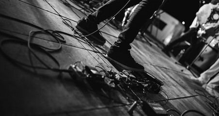 Guitar pedals during a show - obrazy, fototapety, plakaty