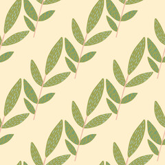 Doodle herbal twigs with dashes on light background. Seamless pattern.