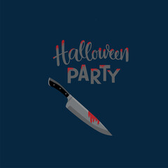 Halloween party, knife and blood with handwritten sign for invitation, banner. Vector stock illustration on dark blue background.